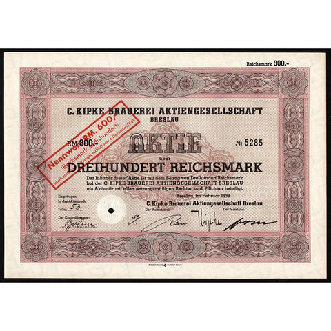 C. Kipke Brauerei Aktiengesellschaft Breslau 1939 Germany Stock Certificate