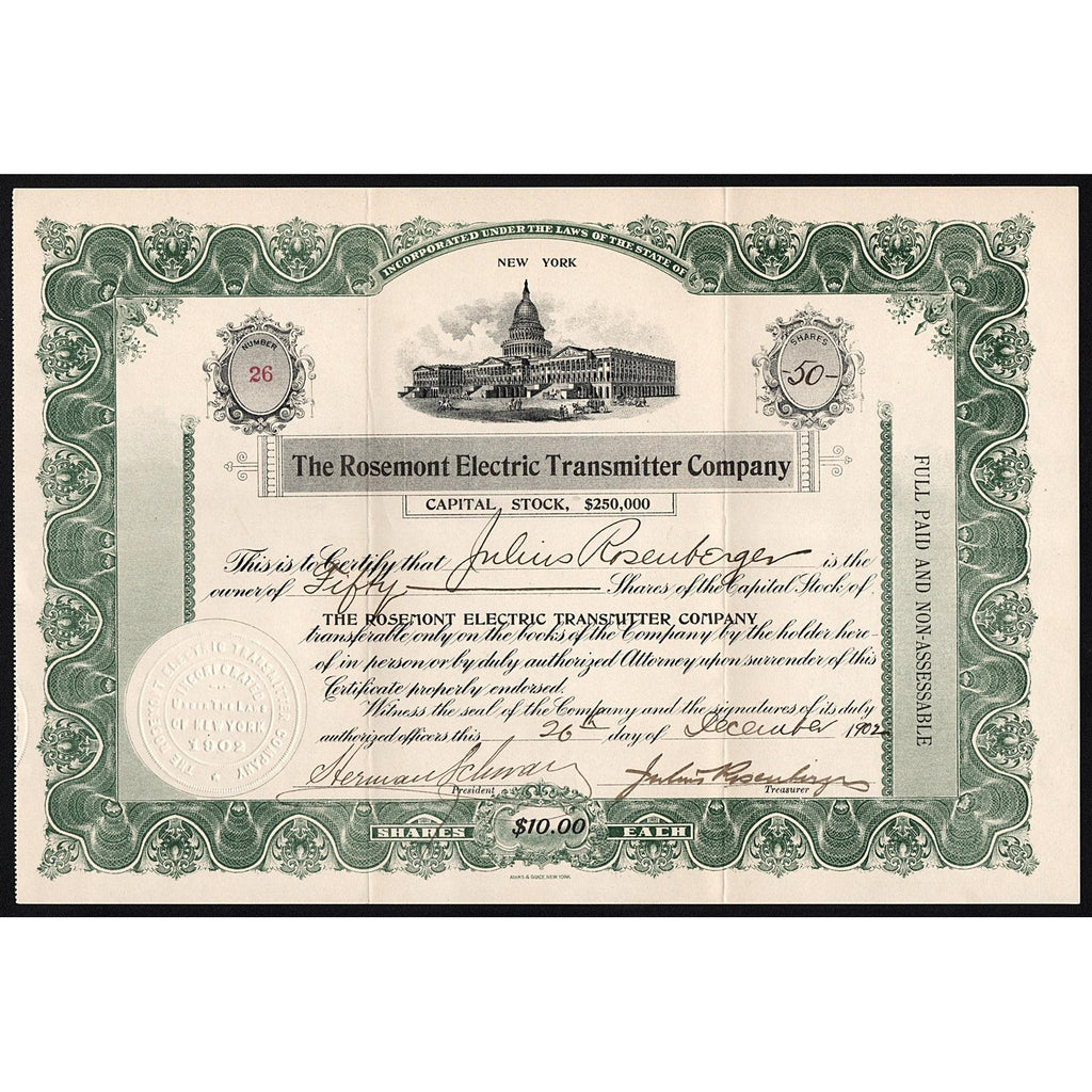 The Rosemont Electric Transmitter Company Stock Certificate