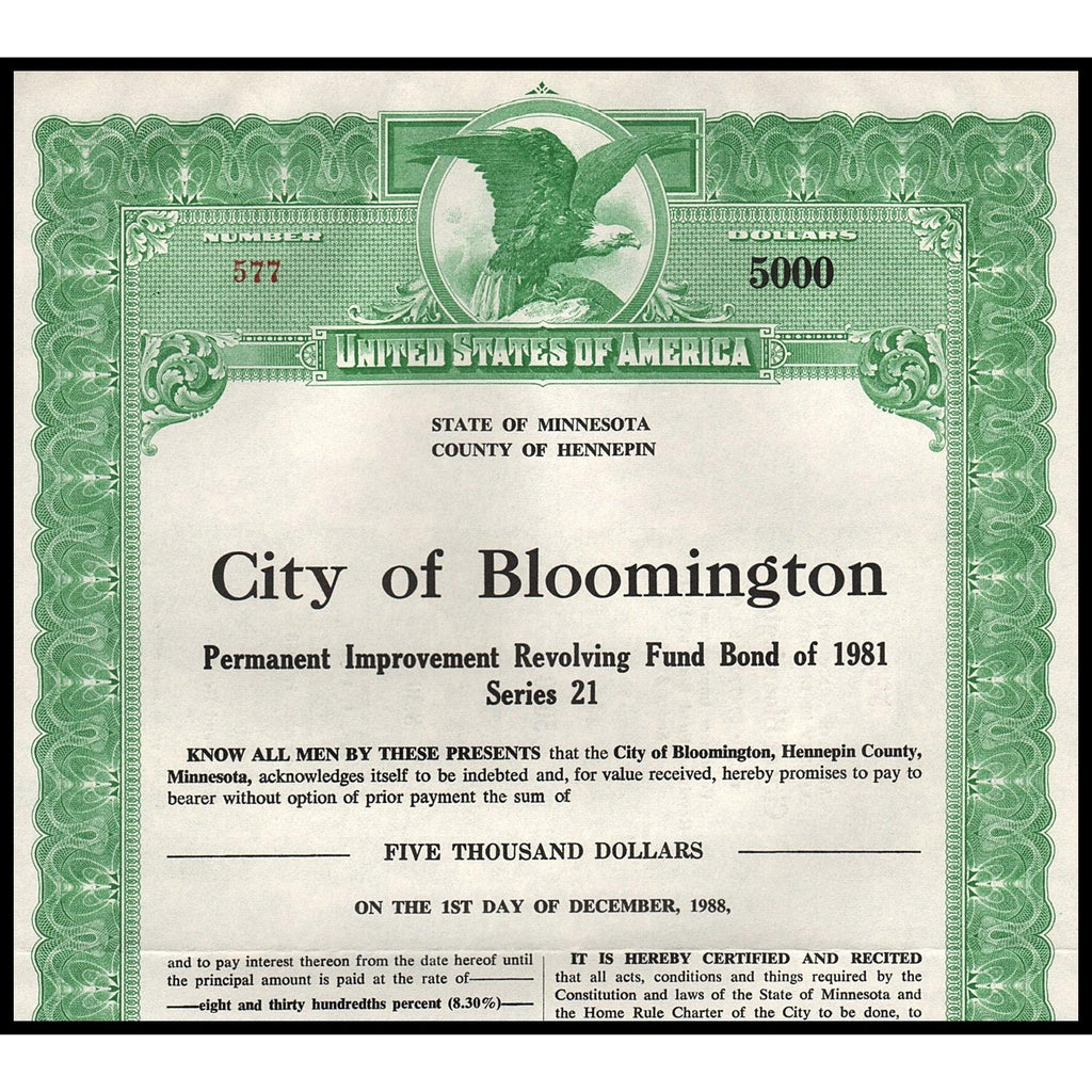 City of Bloomington, County of Hennepin, State of Minnesota Bond Certificate