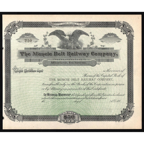 The Muncie Belt Railway Company Stock Certificate