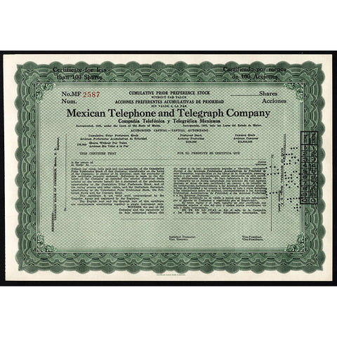 Mexican Telephone and Telegraph – Telefonica y Telegrafica Mexicana Stock Certiicate