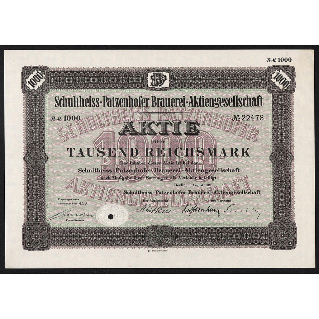 Schultheiss-Patzenhofer Brauerei-Aktiengesellschaft Brewery Stock Certificate