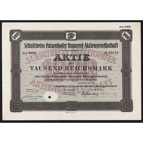 Schultheiss-Patzenhofer Brauerei-Aktiengesellschaft Brewery Stock Certificate