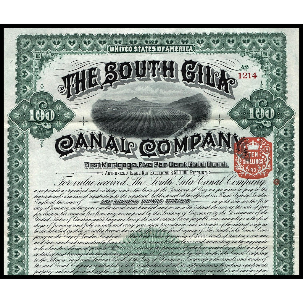 The South Gila Canal Company 1891 Arizona Bond Certificate