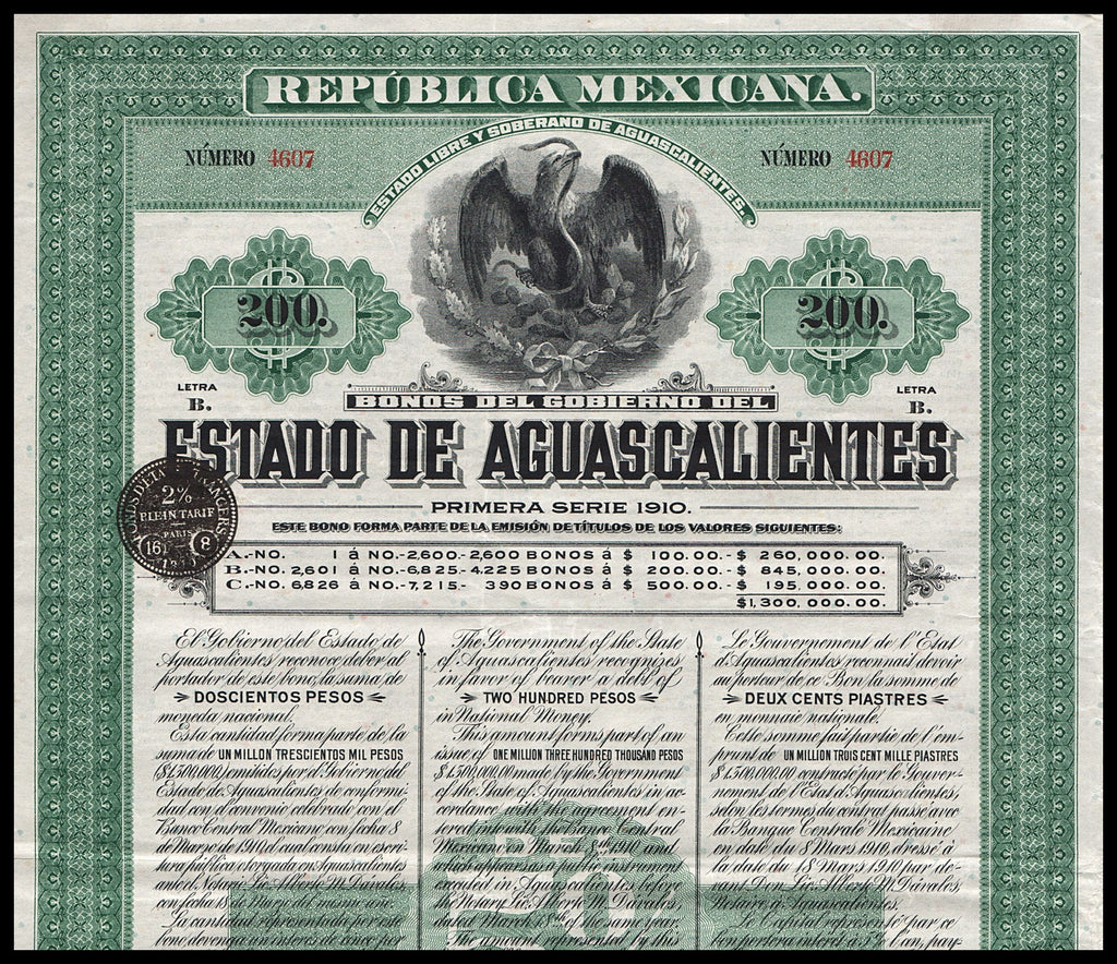 Republica Mexicana: Bonos del Gobierno del Estado de Aguascalientes 1910 Mexico Bond Certificate