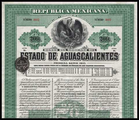 Republica Mexicana: Bonos del Gobierno del Estado de Aguascalientes 1910 Mexico Bond Certificate