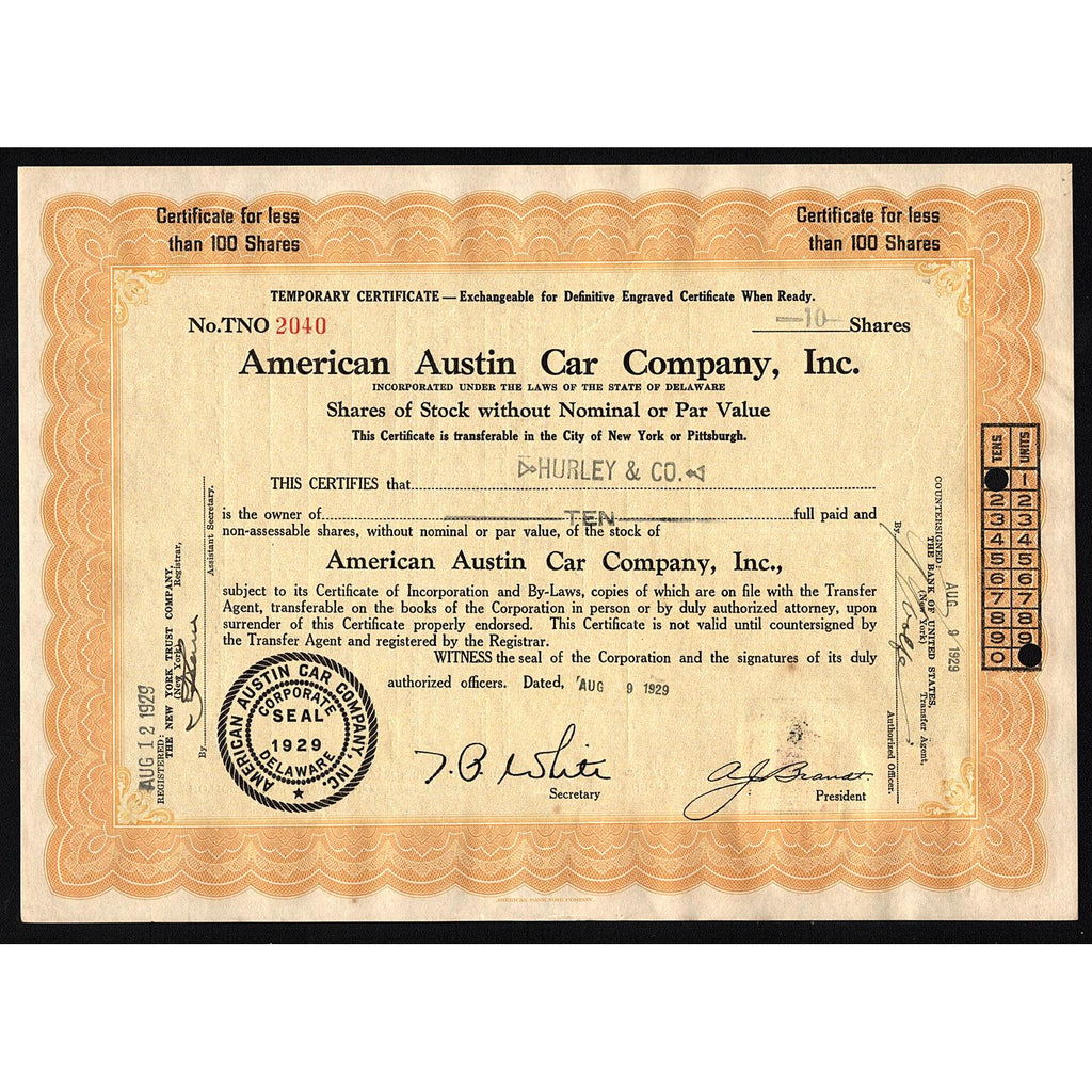 American Austin Car Company 1929 Stock Certificate