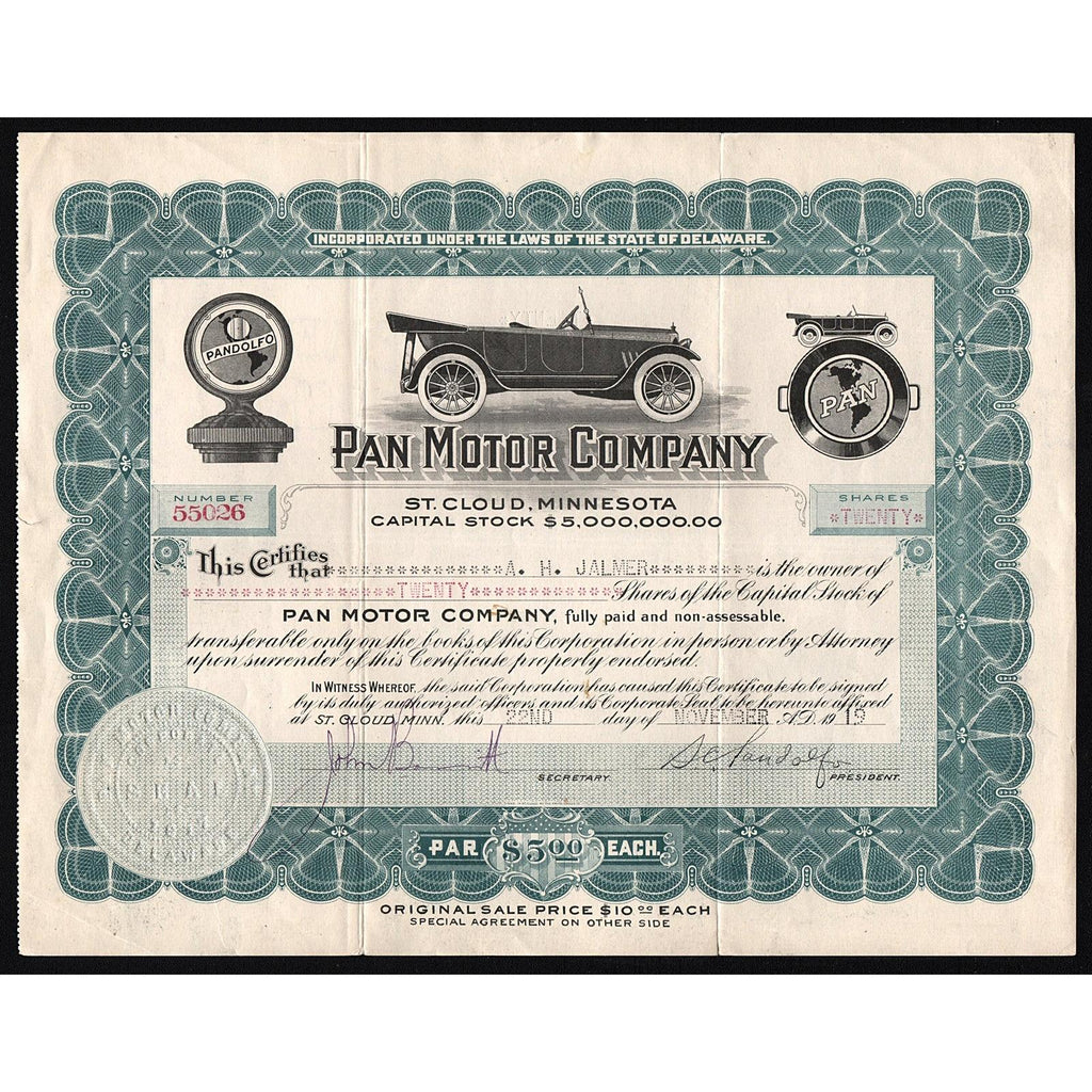 Pan Motor Company 1919 Stock Certificate Automobiles