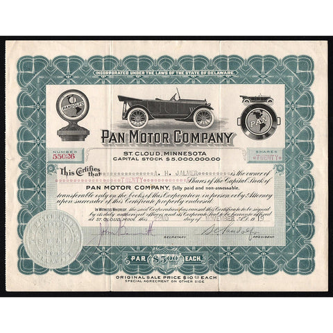 Pan Motor Company 1919 Stock Certificate Automobiles