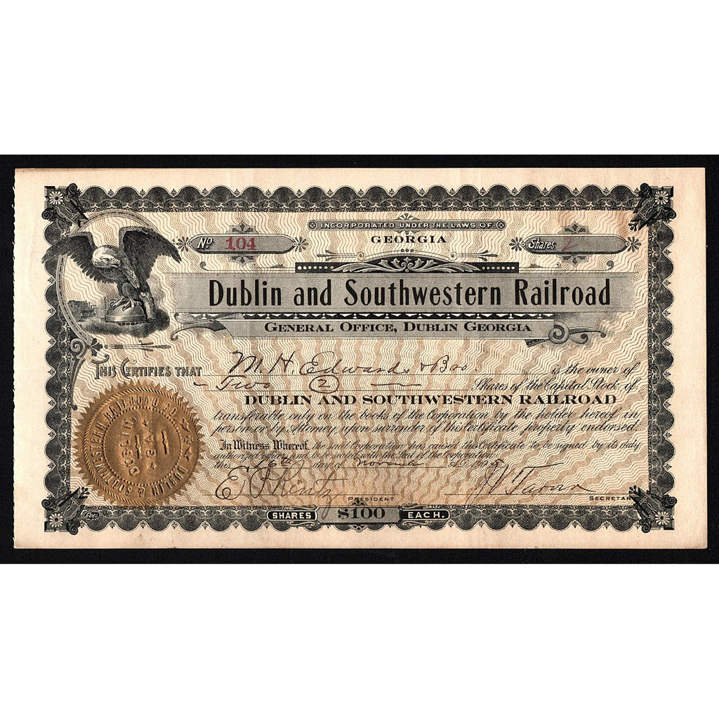 Dublin and Southwestern Railroad Georgia 1905 Stock Certificate