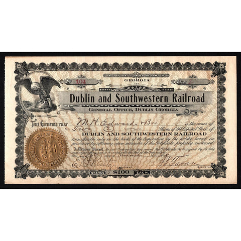 Dublin and Southwestern Railroad Georgia 1905 Stock Certificate