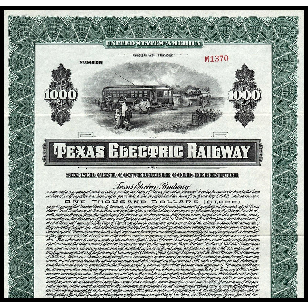 Texas Electric Railway 1917 Gold Bond Certificate