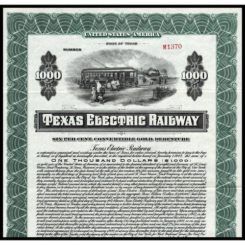 Texas Electric Railway 1917 Gold Bond Certificate