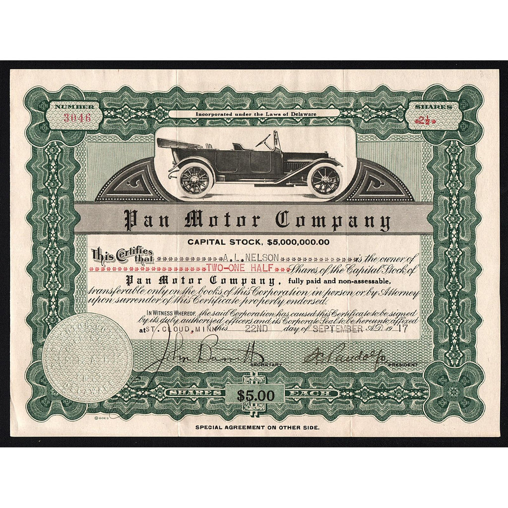 Pan Motor Company (St. Cloud, Minnesota) 1917 Stock Certificate
