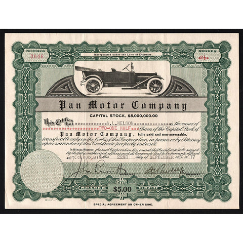 Pan Motor Company (St. Cloud, Minnesota) 1917 Stock Certificate