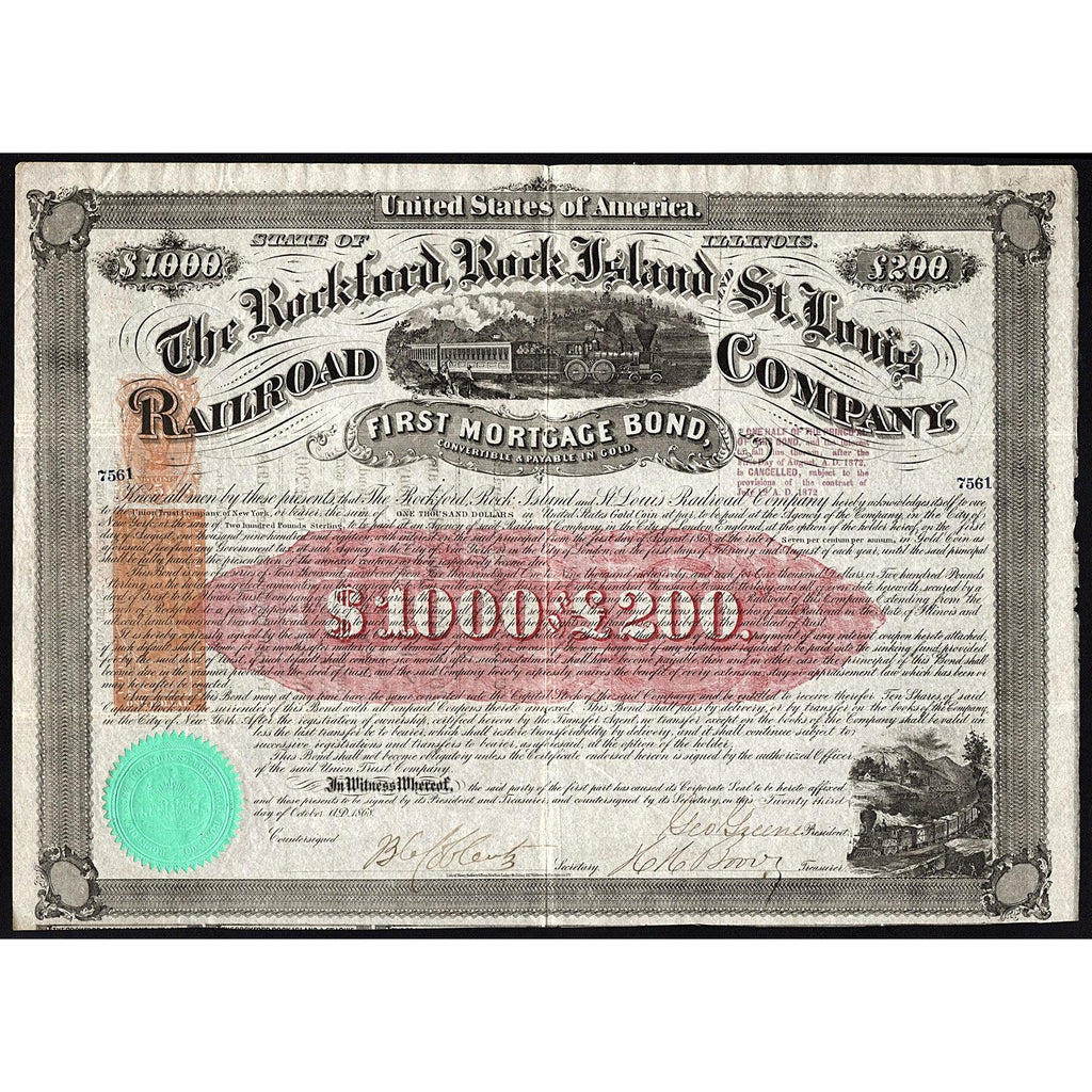 The Rockford, Rock Island and St. Louis Railroad Company 1868 Gold Bond Certificate