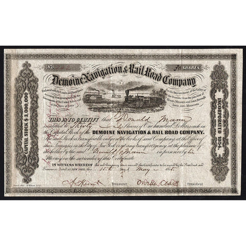 Demoine Navigation & Rail Road Company 1855 Stock Certificate