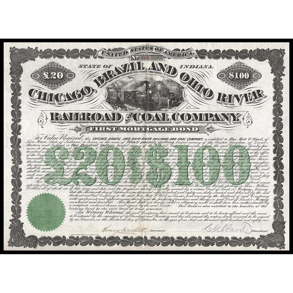 Chicago, Brazil and Ohio River Railroad and Coal Company 1881 Bond Certificate