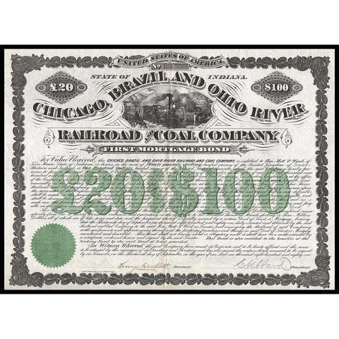Chicago, Brazil and Ohio River Railroad and Coal Company 1881 Bond Certificate
