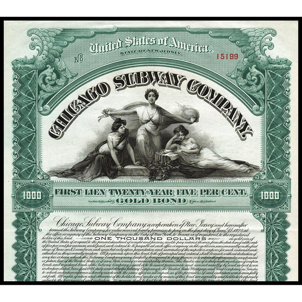 Chicago Subway Company 1908 New Jersey Gold Bond Certificate