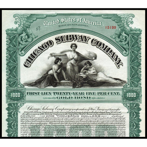 Chicago Subway Company 1908 New Jersey Gold Bond Certificate