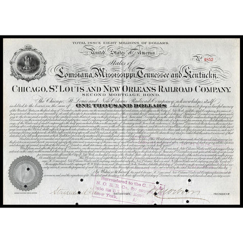 Chicago, St. Louis and New Orleans Railroad Company 1877 Bond Certificate