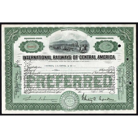 International Railways of Central America (Guatemala & El Salvador) Stock Certiicate