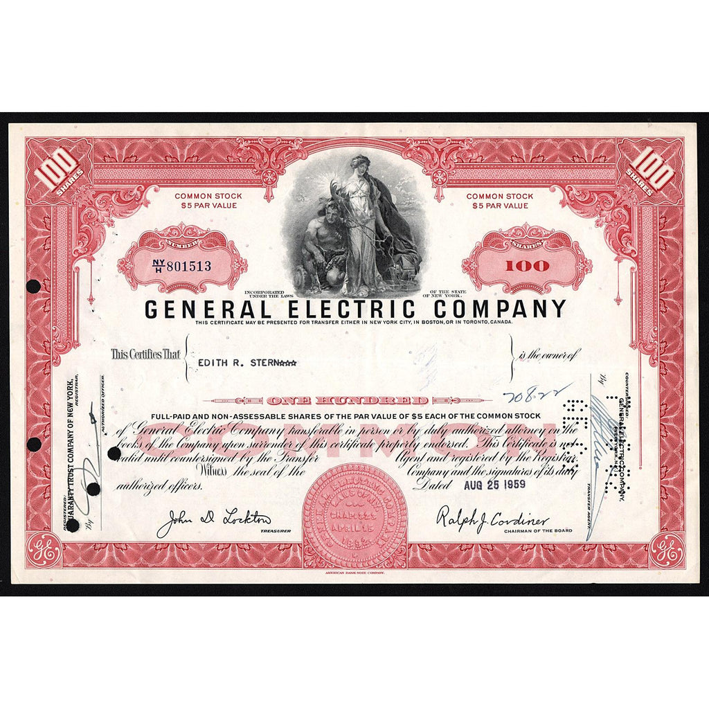 General Electric Company New York Stock Certificate
