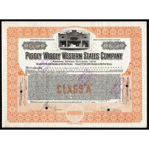 Piggly Wiggly Western States Company 1926 Stock Certificate