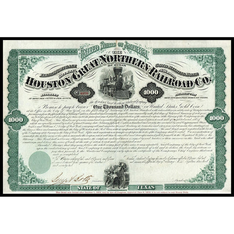 Houston and Great Northern Railroad Co. of Texas 1872 Bond Certificate