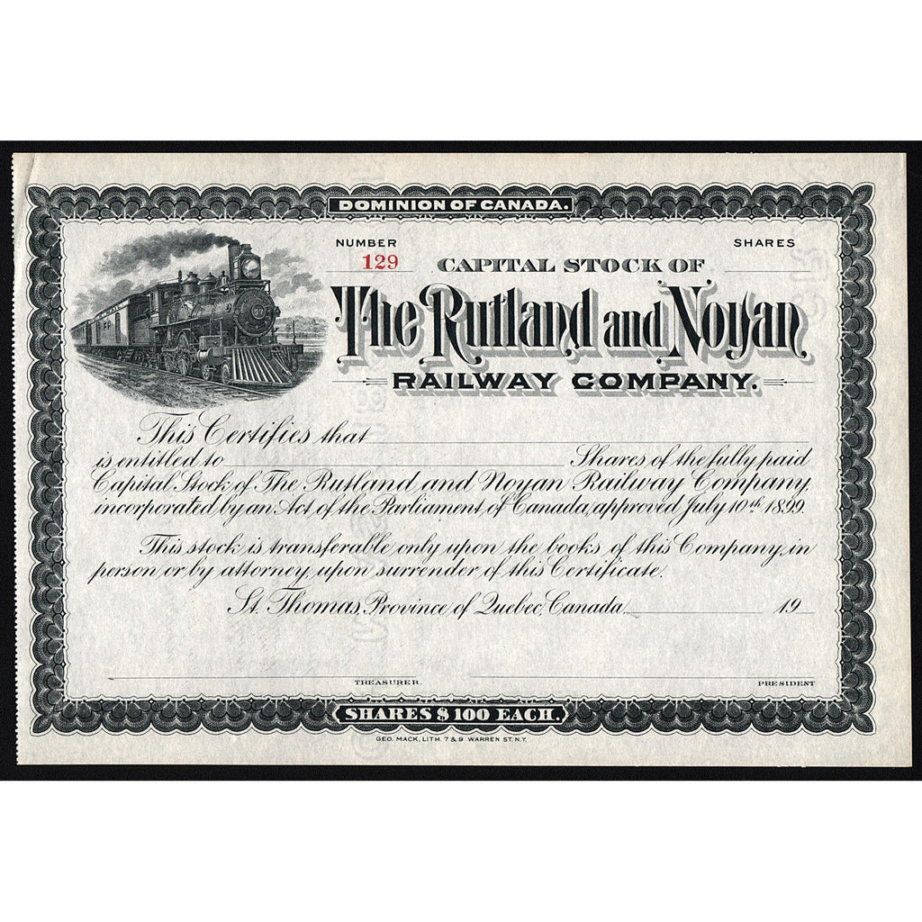 The Rutland and Noyan Railway Company Quebec Stock Certificate