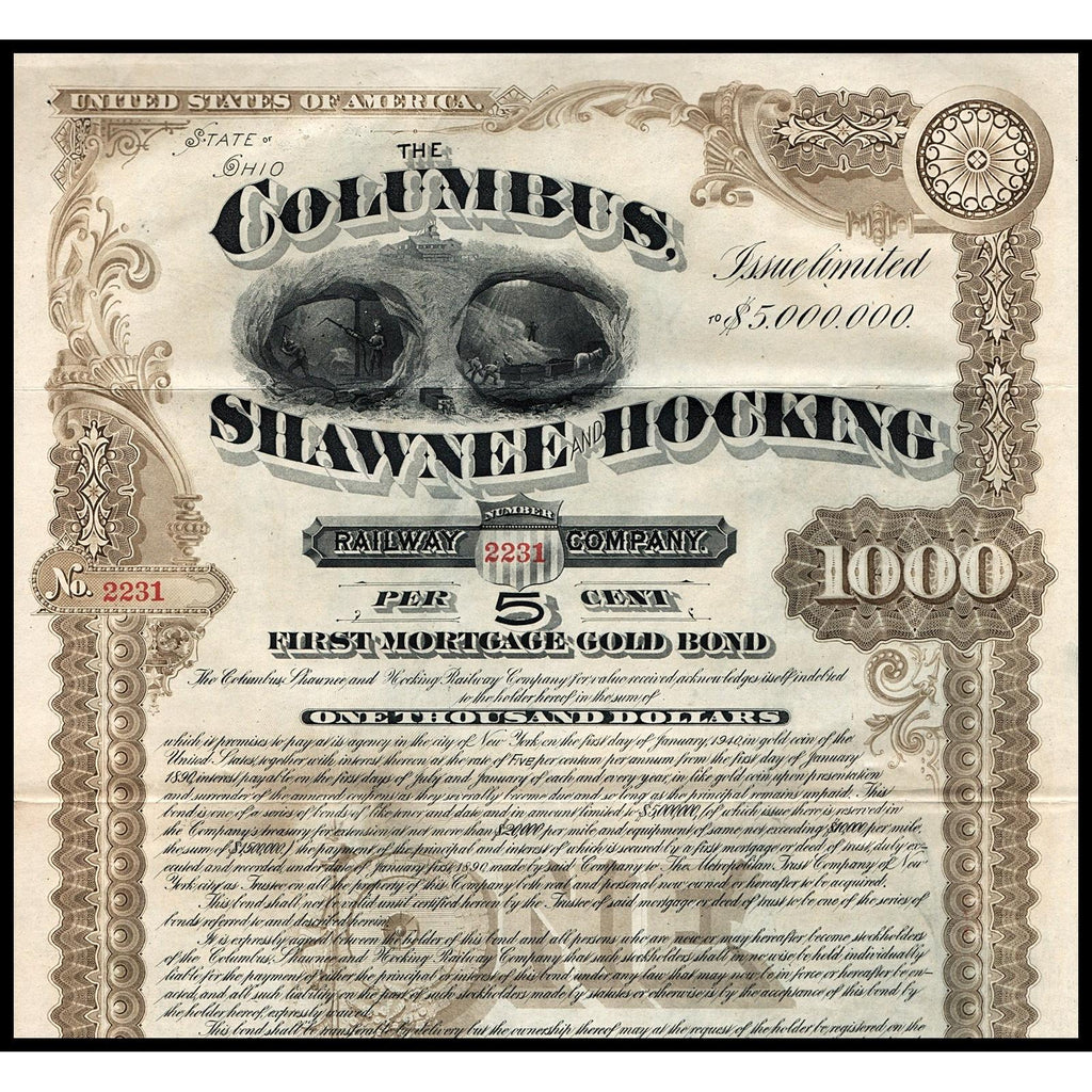 The Columbus, Shawnee and Hocking Railway Company 1890 Ohio Gold Bond