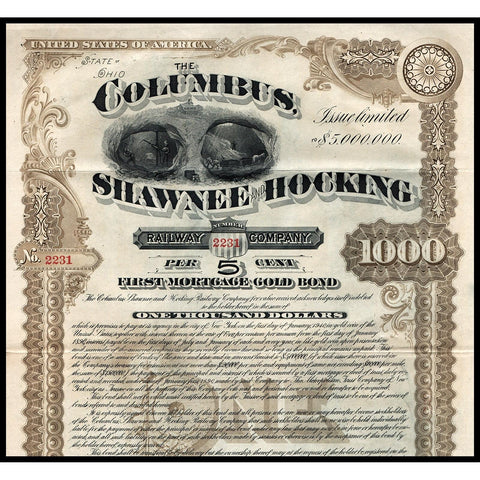 The Columbus, Shawnee and Hocking Railway Company 1890 Ohio Gold Bond