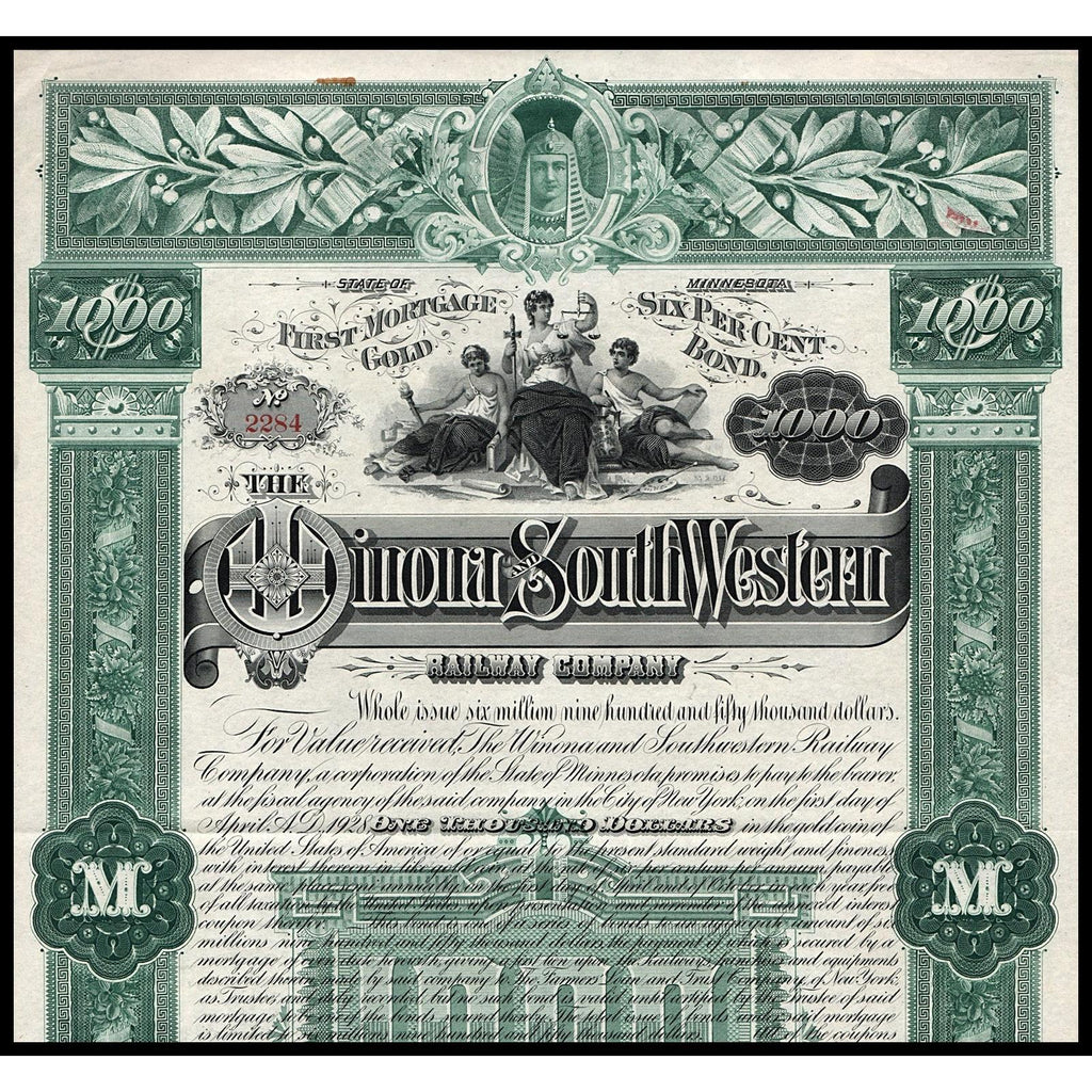 Winona and Southwestern Railway 1888 Minnesota Gold Bond Certificate