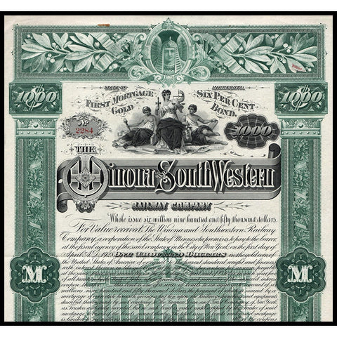Winona and Southwestern Railway 1888 Minnesota Gold Bond Certificate