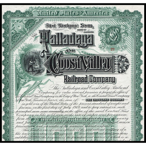 The Talladega and Coosa Valley Railroad Company 1889 Alabama Gold Bond