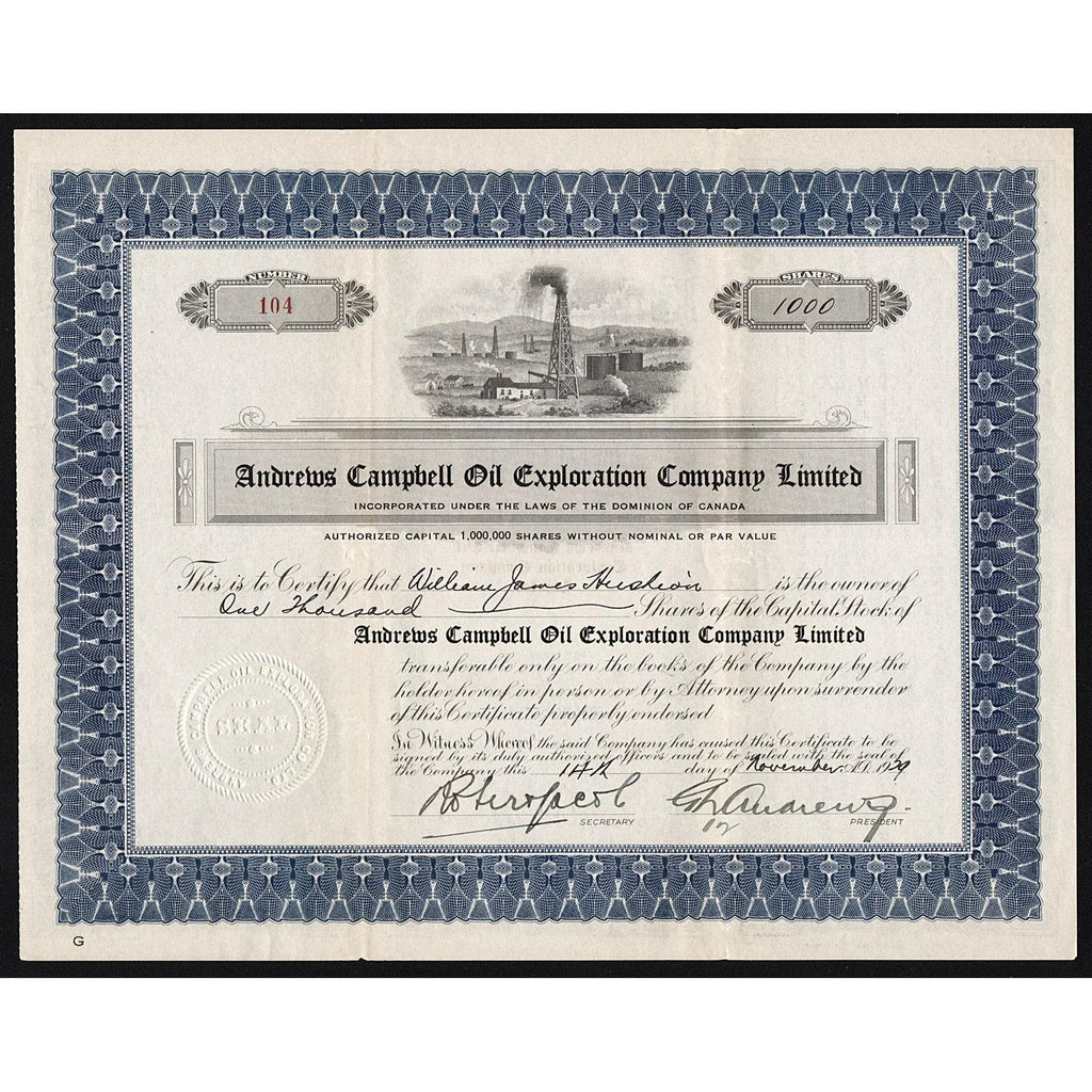 Andrews Campbell Oil Exploration Company Limited 1929 Canada Stock Certificate