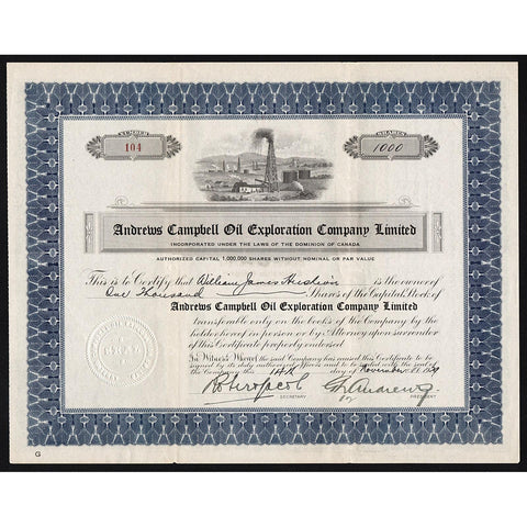 Andrews Campbell Oil Exploration Company Limited 1929 Canada Stock Certificate