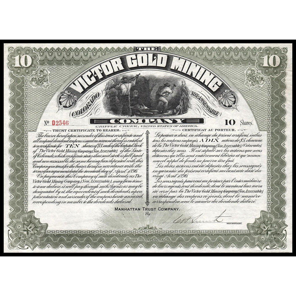 The Victor Gold Mining Company Limited, Cripple Creek, Colorado 1898 Stock Certificate