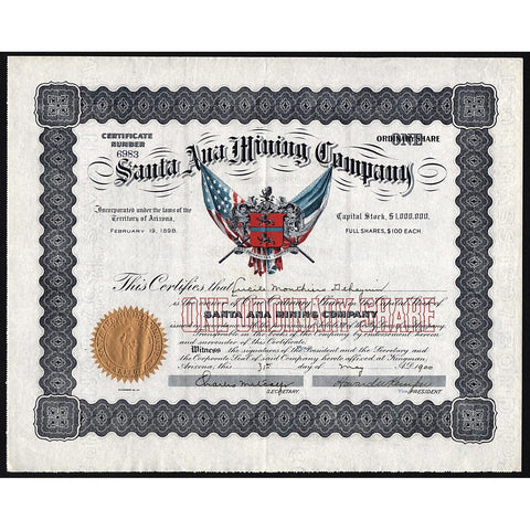 Santa Ana Mining Company, Kingman, Arizona 1900 Stock Certificate