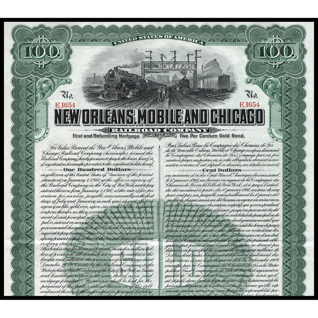 New Orleans Mobile and Chicago Railroad Company 1909 Gold Bond