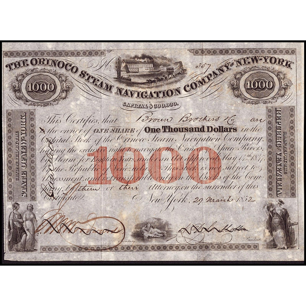 The Orinoco Steam Navigation Company of New York 1852 Stock Certificate