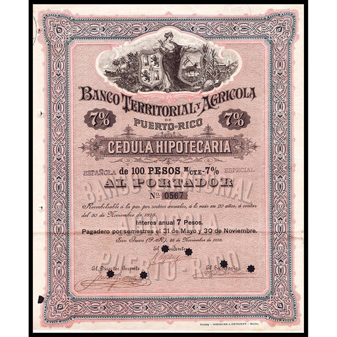 Banco Territorial y Agricola de Puerto-Rico 1895 Bond Certificate