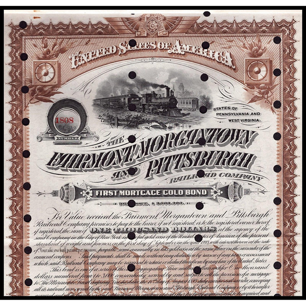 The Fairmont, Morgantown and Pittsburgh Railroad Company 1893 Gold Bond Certificate