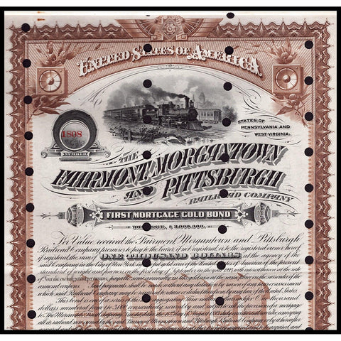 The Fairmont, Morgantown and Pittsburgh Railroad Company 1893 Gold Bond Certificate