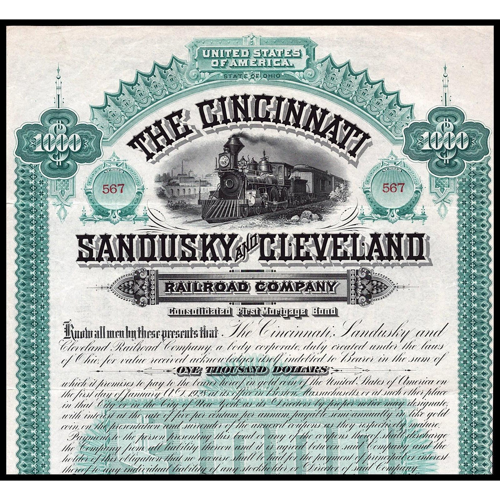 The Cincinnati, Sandusky and Cleveland Railroad Company 1888 Bond Certificate