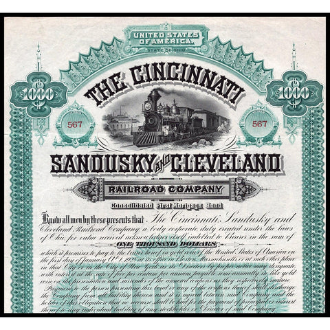 The Cincinnati, Sandusky and Cleveland Railroad Company 1888 Bond Certificate