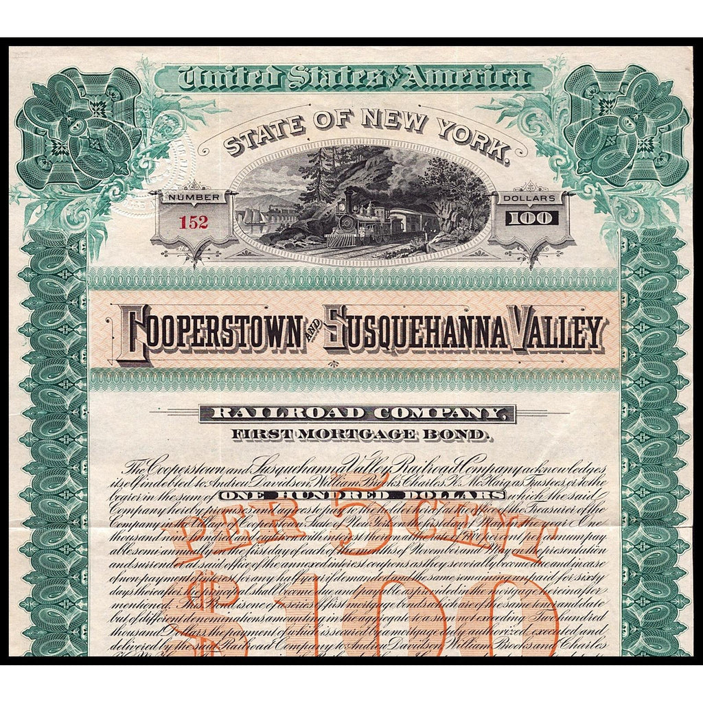 Cooperstown and Susquehanna Valley Railroad Company 1888 Bond Certificate