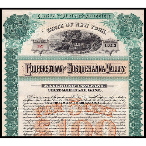 Cooperstown and Susquehanna Valley Railroad Company 1888 Bond Certificate