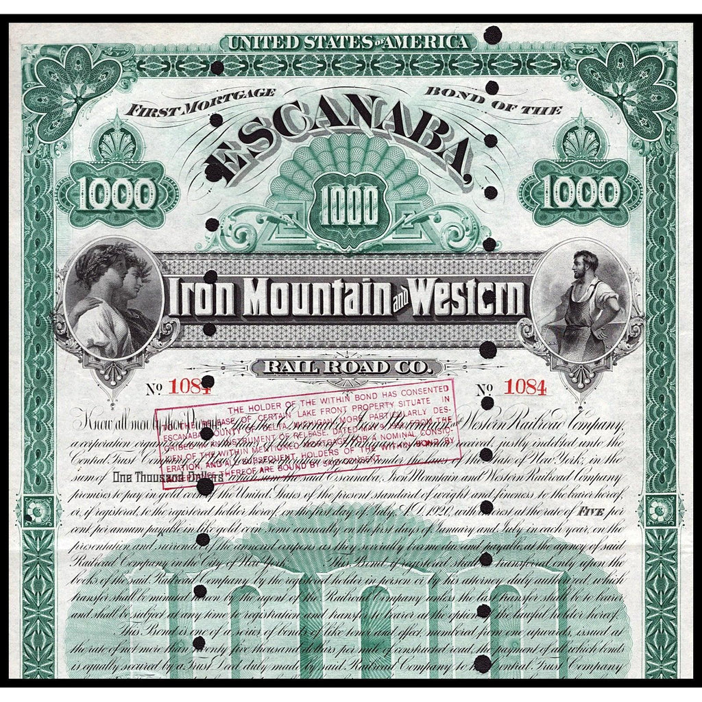 Escanaba, Iron Mountain and Western Railroad Co. 1890 Bond Certificate